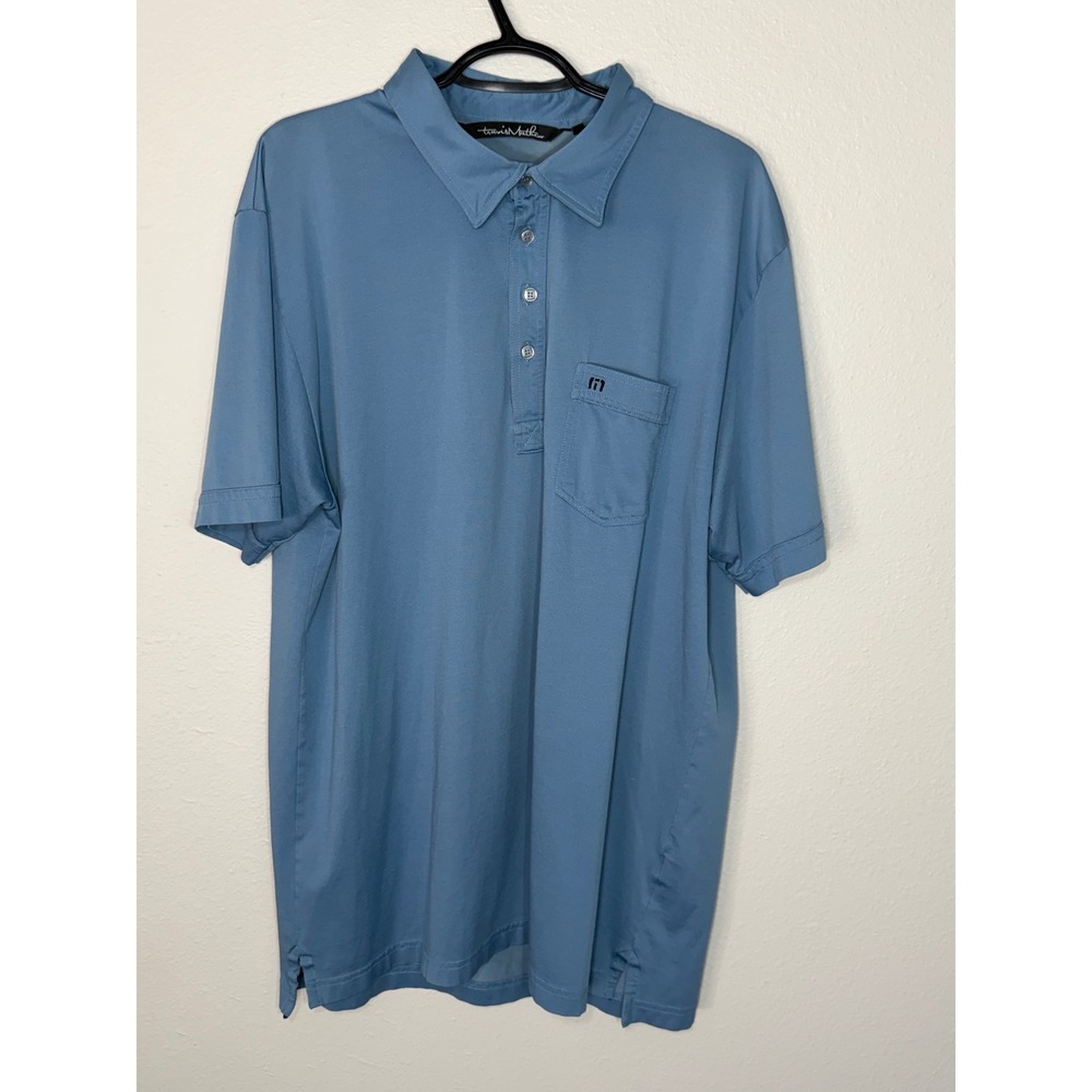 TravisMathew Mens XL Blue Short Sleeve Golf Polo Shirt Chest Pocket Logo